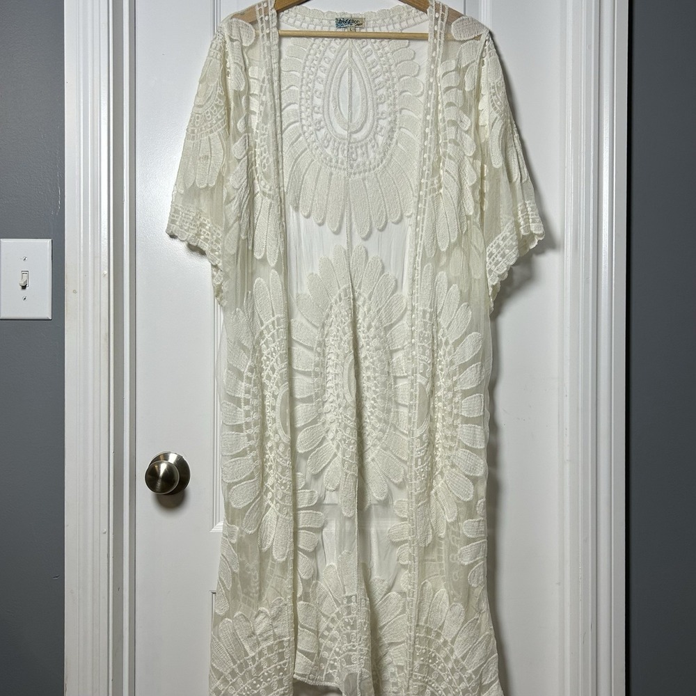 Rebellion Again Ivory Lace Medallion Open Front Kimono Duster Boho Chic Style